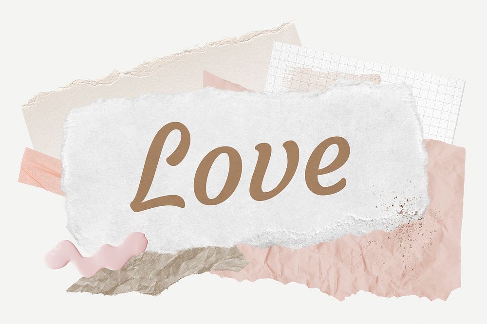 Love word typography, aesthetic paper collage psd