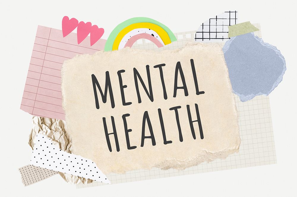 Mental health word typography, aesthetic paper collage psd