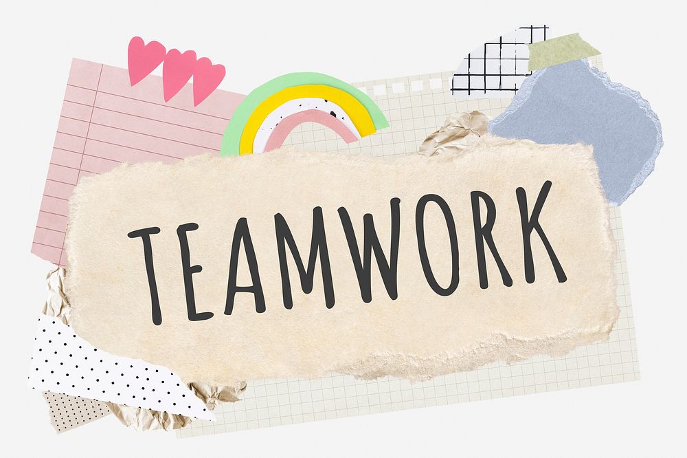 Teamwork word typography, aesthetic paper collage