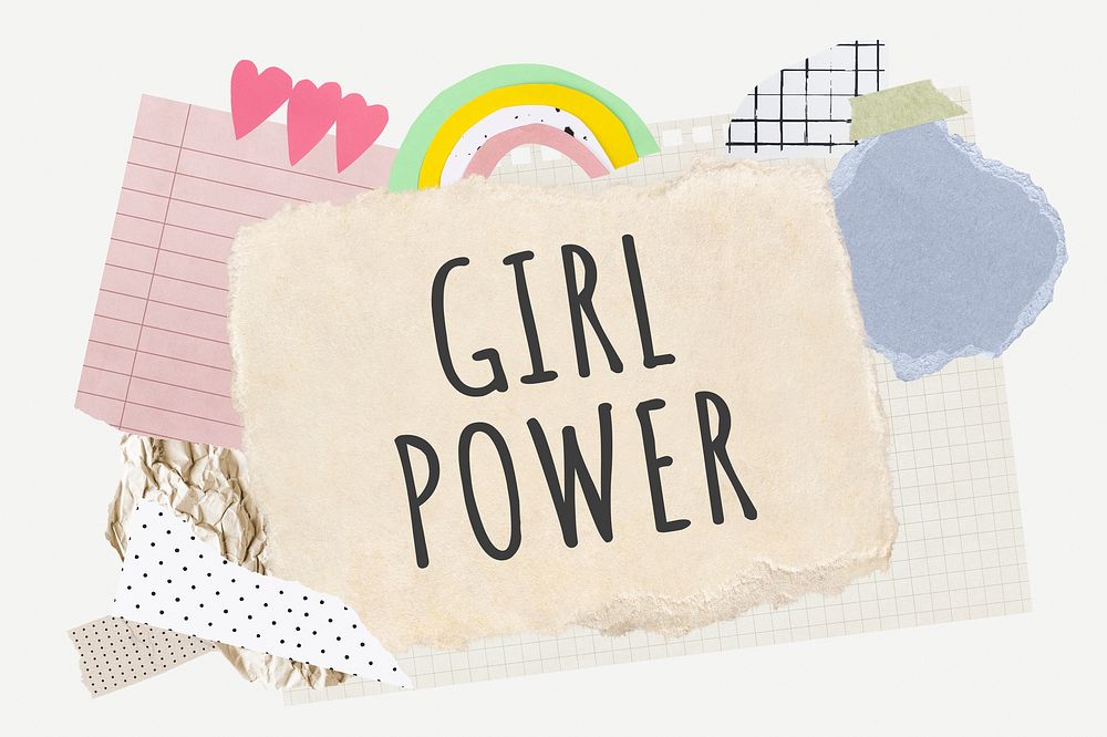 Girl power word typography, aesthetic paper collage psd