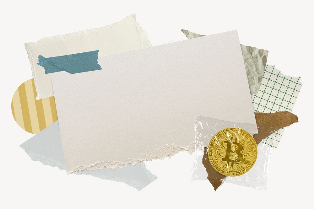 Bitcoin cryptocurrency frame background, paper collage aesthetic psd