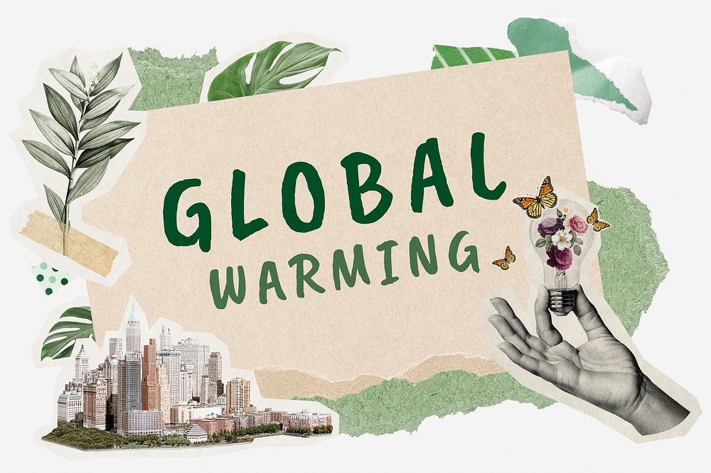 Global warming word typography, environment aesthetic paper collage