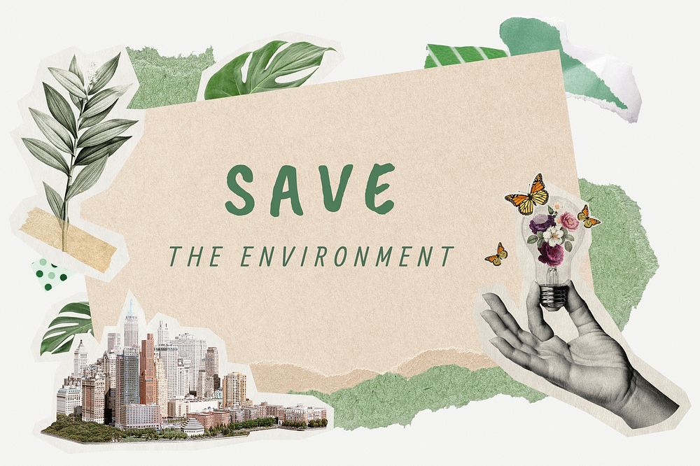 Save the environment word typography,  aesthetic paper collage psd