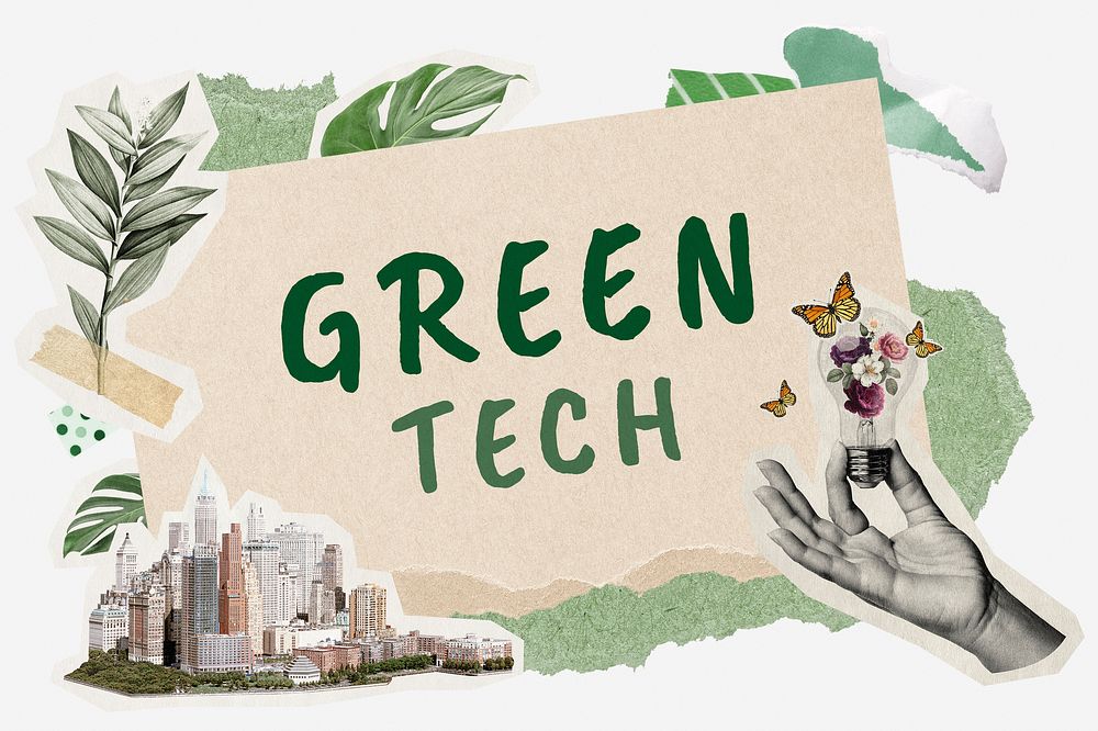 Green tech word typography, environment aesthetic paper collage