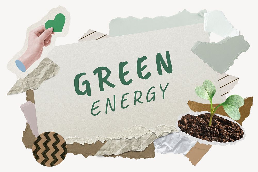 Green energy word typography, environment aesthetic paper collage