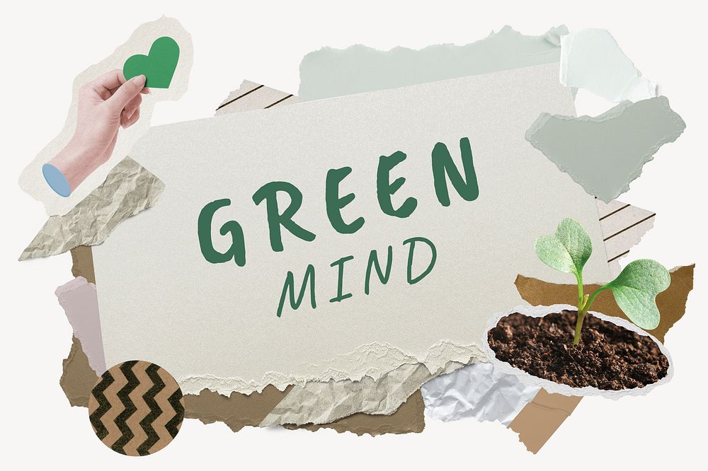 Green mind word typography, environment aesthetic paper collage