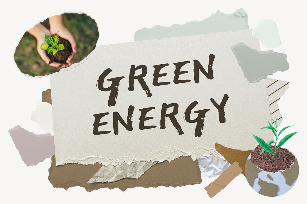 Green energy word typography, environment aesthetic paper collage