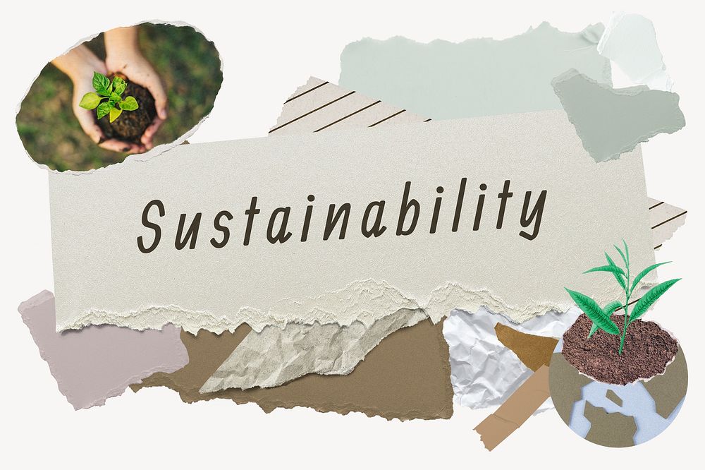 Sustainability word typography, environment aesthetic paper collage psd