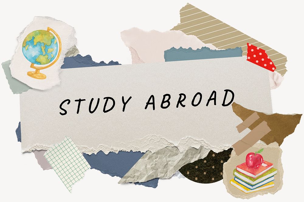 Study abroad word typography, education aesthetic paper collage psd