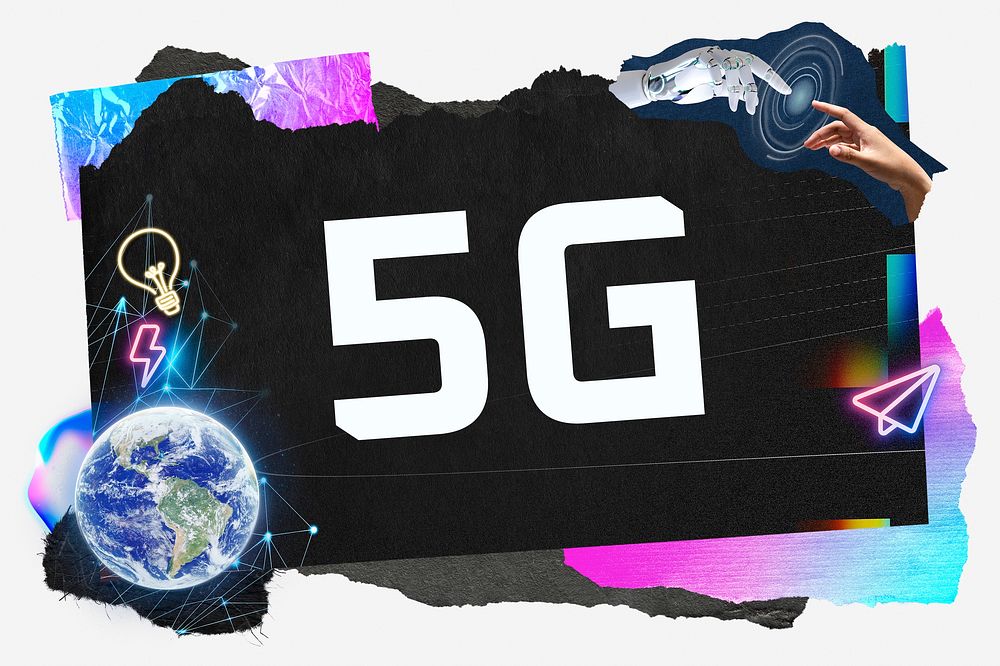 5G word typography, technology neon paper collage