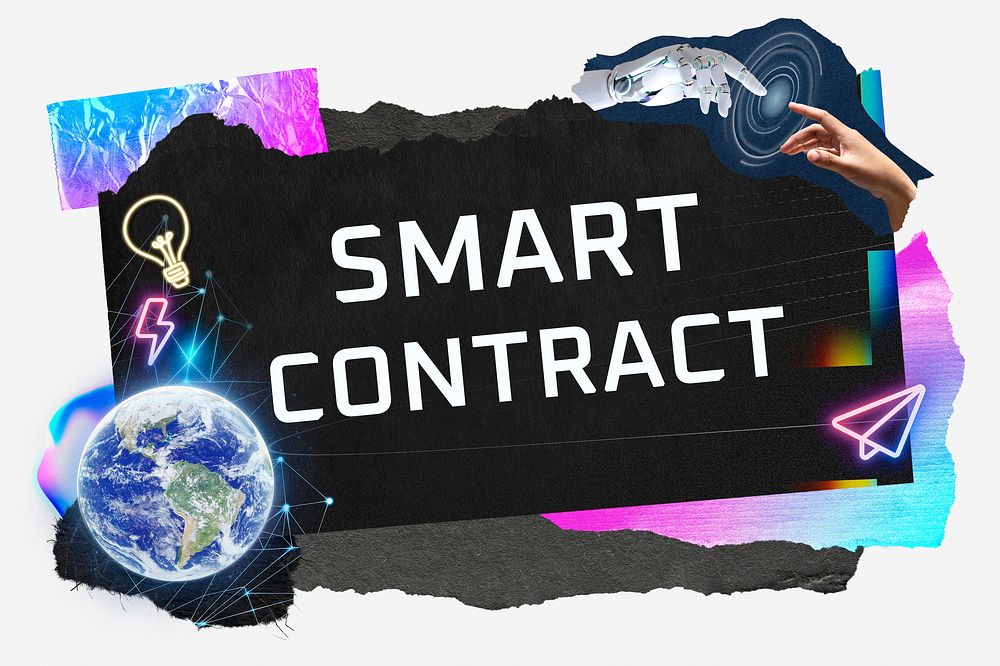 Smart contract word typography, technology neon paper collage