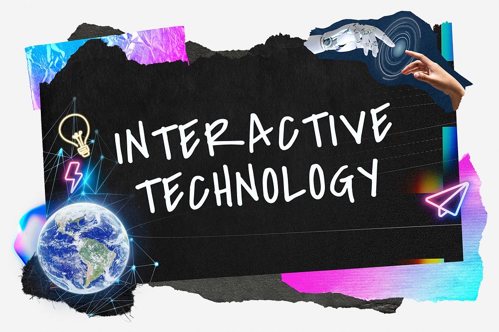 Interactive technology word typography, neon aesthetic paper collage