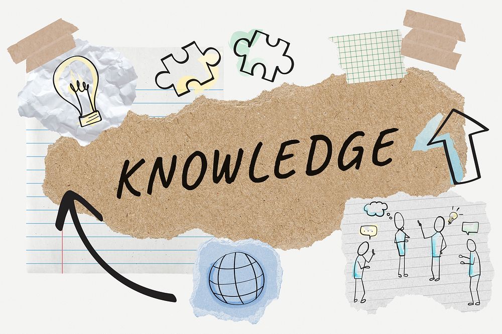 Knowledge word typography, business doodle, paper collage psd