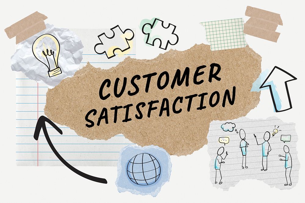 Customer satisfaction word typography, business doodle, paper collage psd