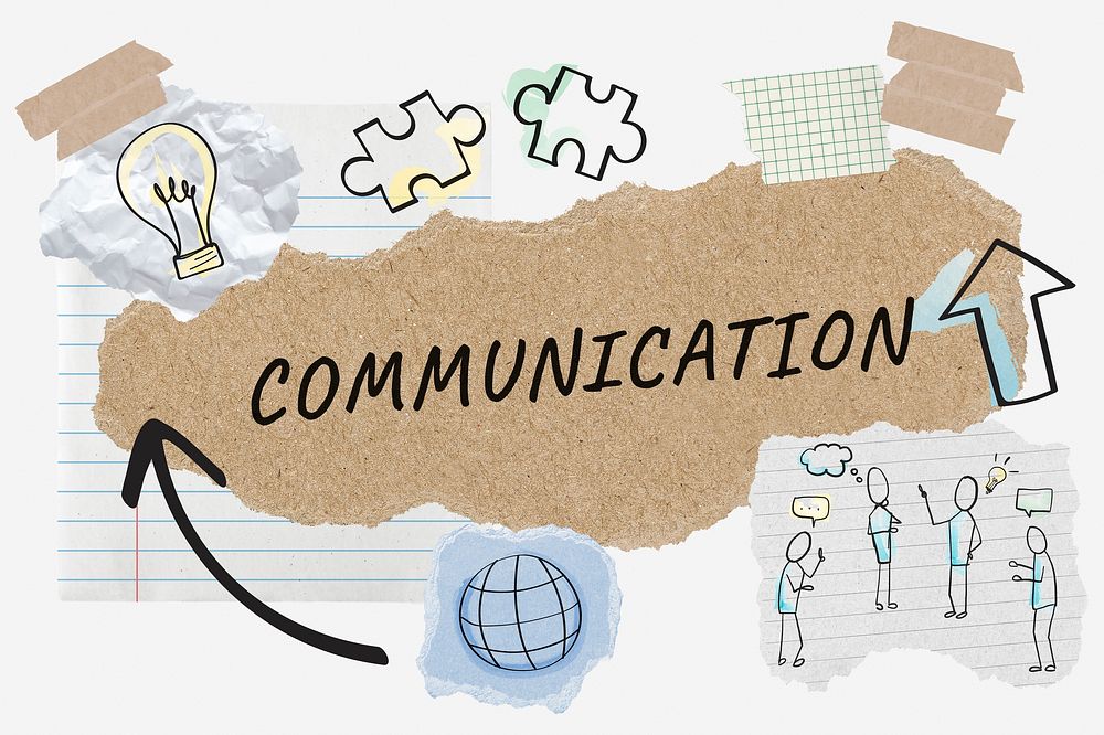 Communication word typography, business doodle, paper collage