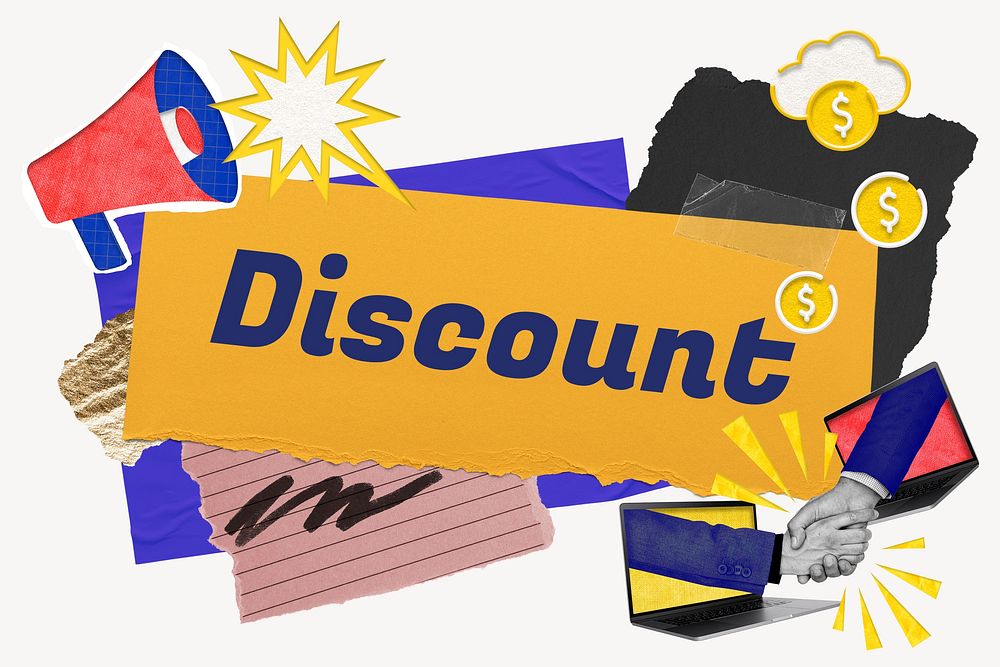 Discount word typography, colorful business paper collage