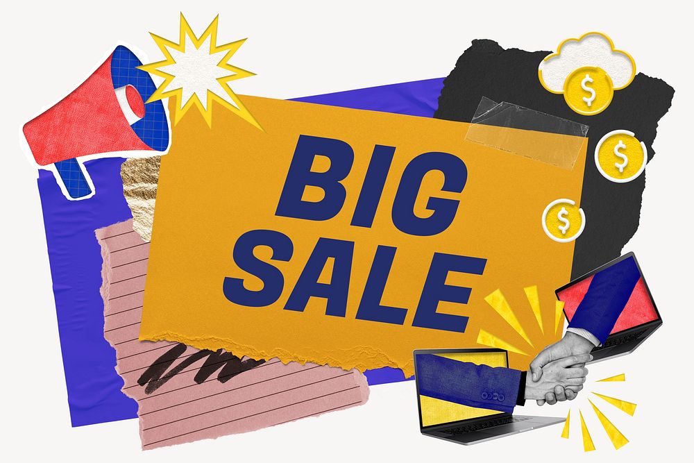 Big sale word typography, colorful business paper collage