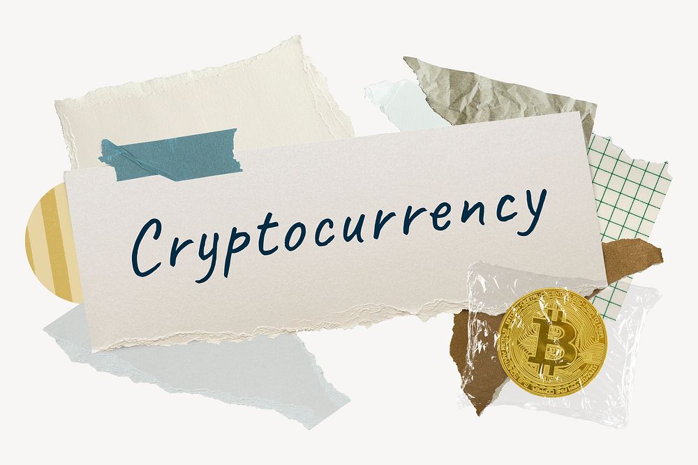 Cryptocurrency word typography, finance aesthetic paper collage