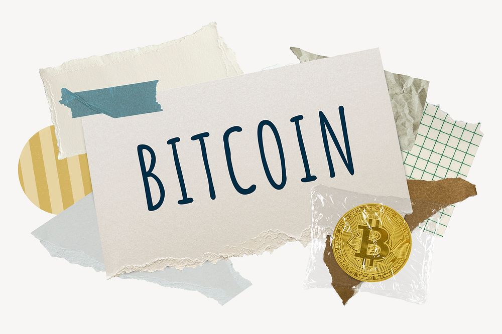 Bitcoin word typography, finance aesthetic paper collage