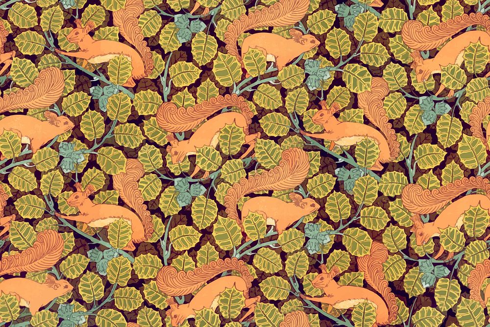 Squirrel, hazelnut pattern background, Maurice Pillard Verneuil artwork remixed by rawpixel vector