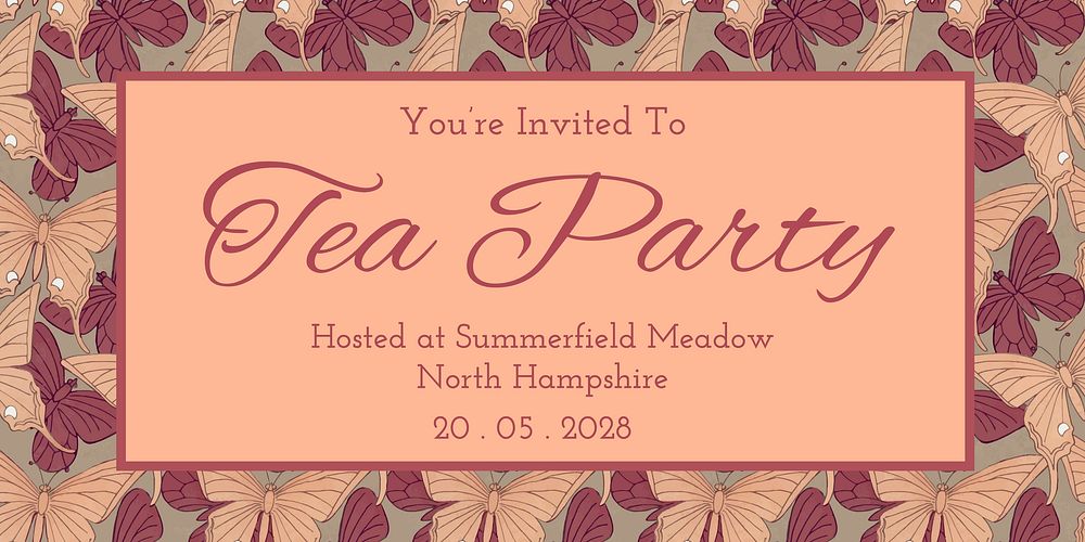 Tea party Twitter post template, vintage butterfly pattern vector, famous Maurice Pillard Verneuil artwork remixed by…