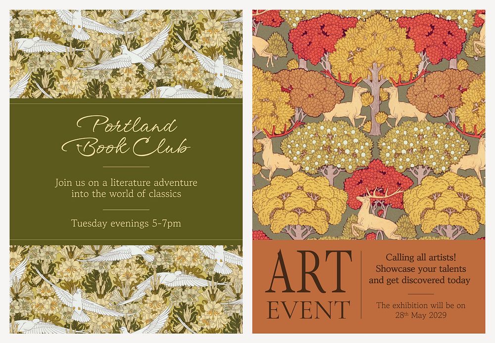 Nature pattern invitation card template, event ad dual set psd, famous Maurice Pillard Verneuil artwork remixed by rawpixel