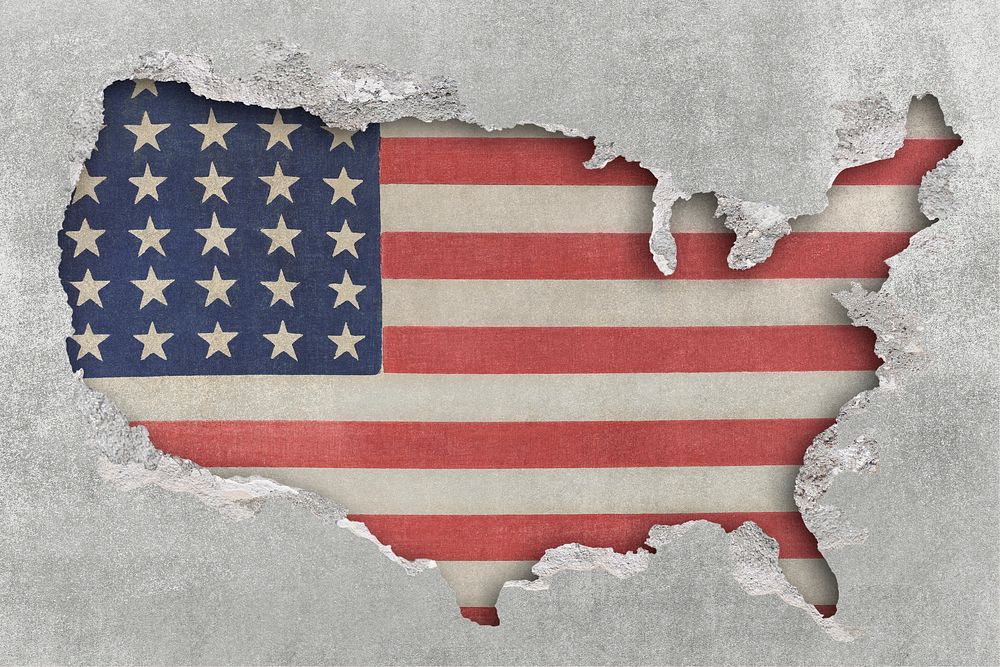 Broken wall mockup, USA shape and flag psd