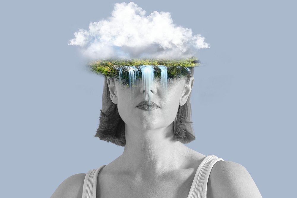 Surreal woman collage element, environment psd