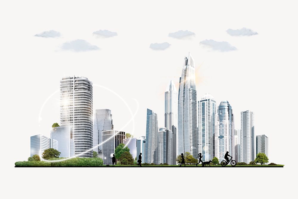 Futuristic cityscape collage element, technology psd