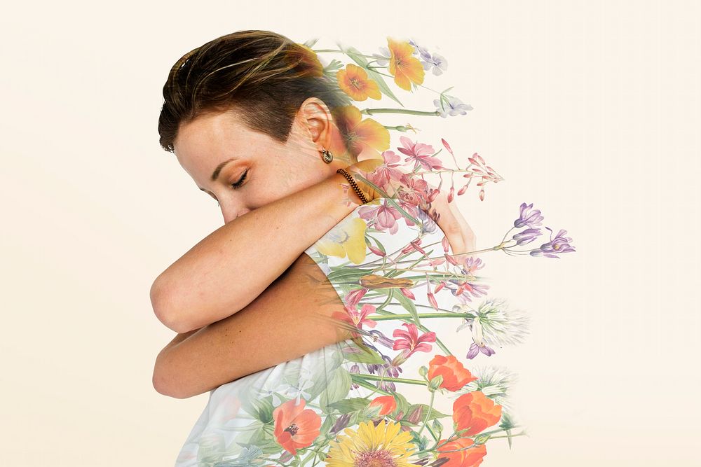 Self hug, mental health background, floral surreal design