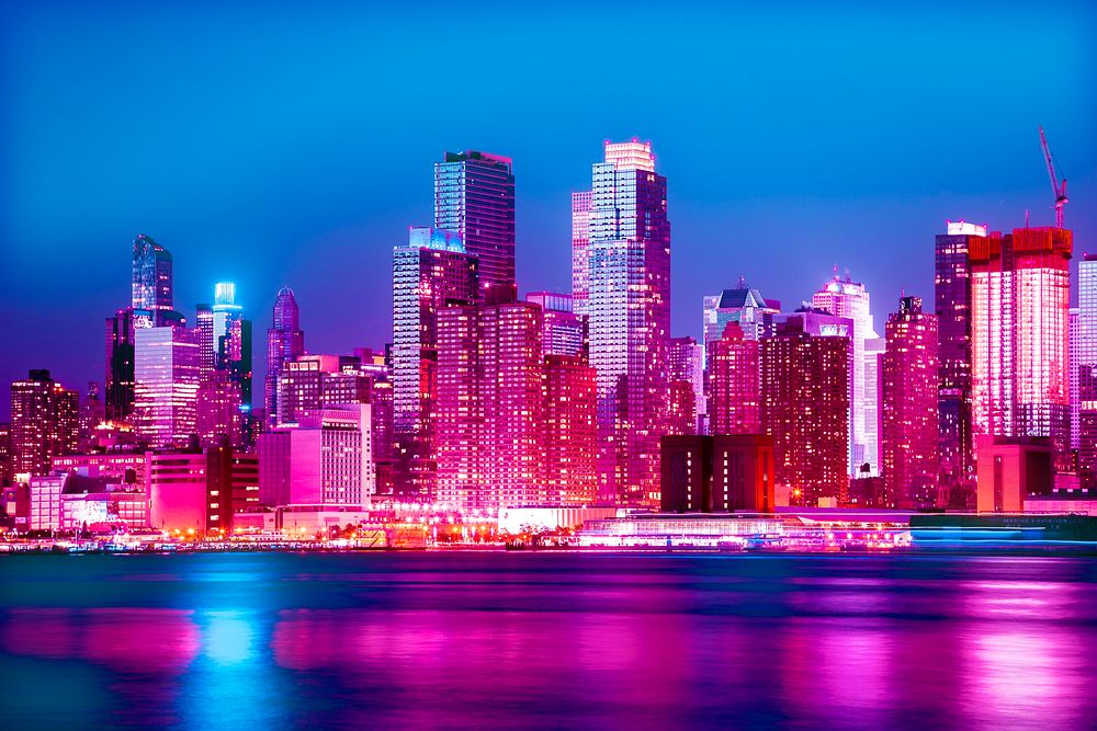 Colorful night city skyline background