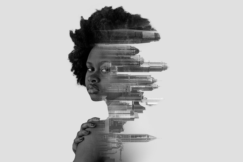 African American woman background, surreal cityscape design