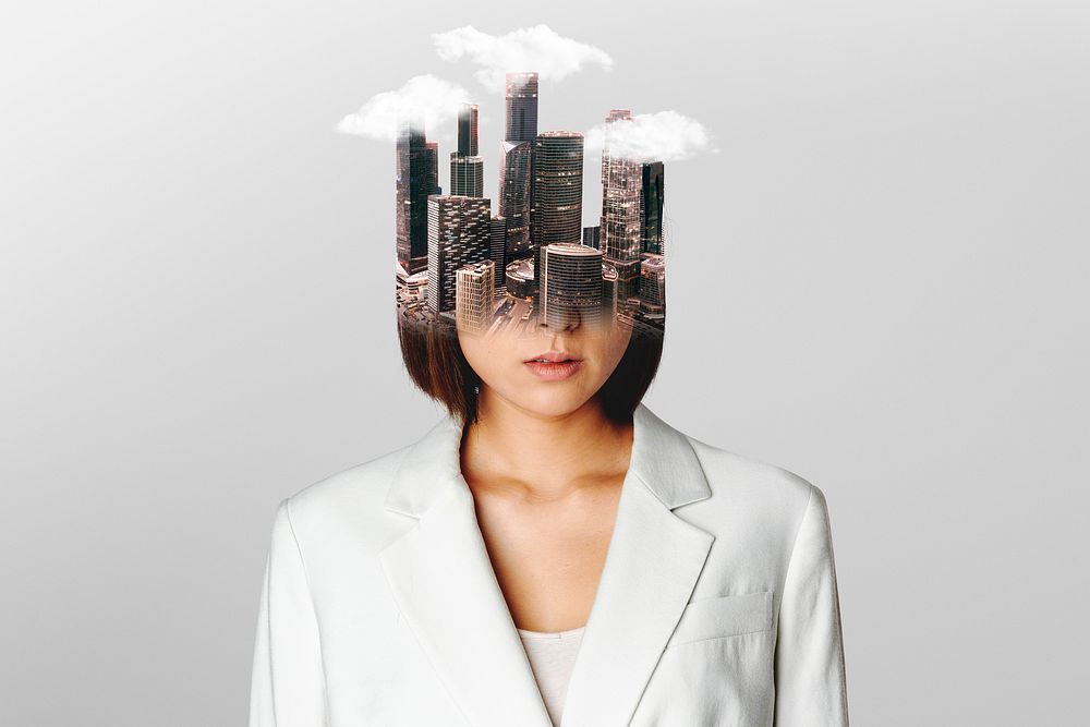 Surreal businesswoman head background, business design