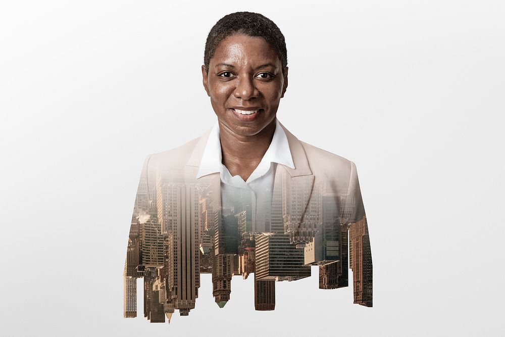 Smiling African American businesswoman background, surreal design 