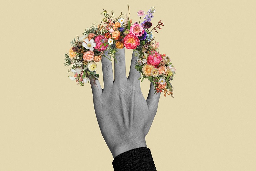 Flower hand collage element, surreal palm psd