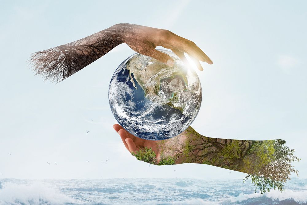 Hands holding earth background, environmental conservation, remixed media design