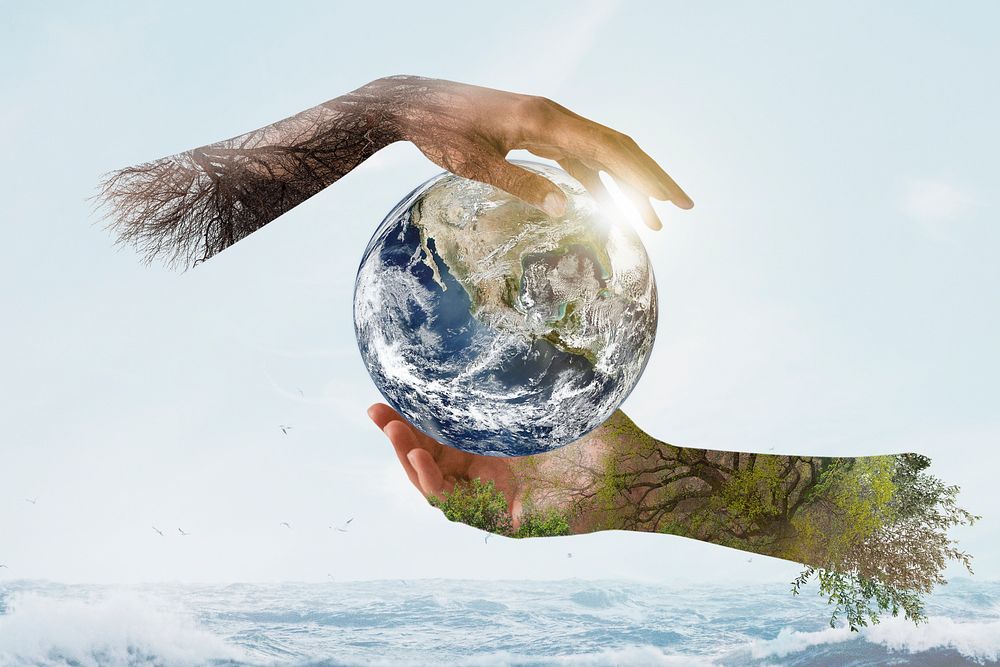 Hands holding earth background, environmental conservation remixed media design psd