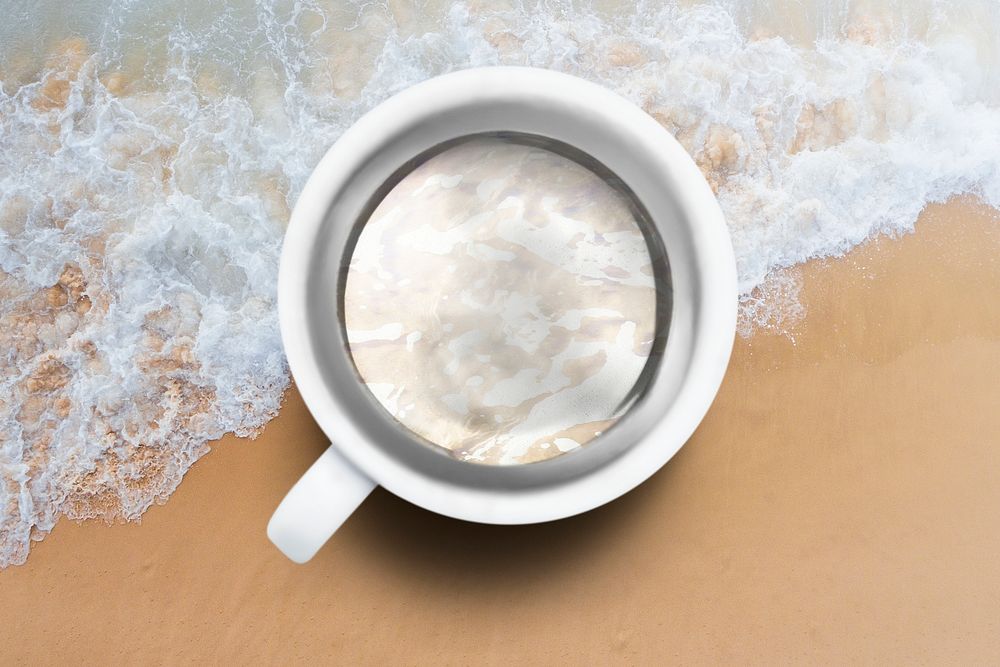 Beach background, cup remixed media design psd