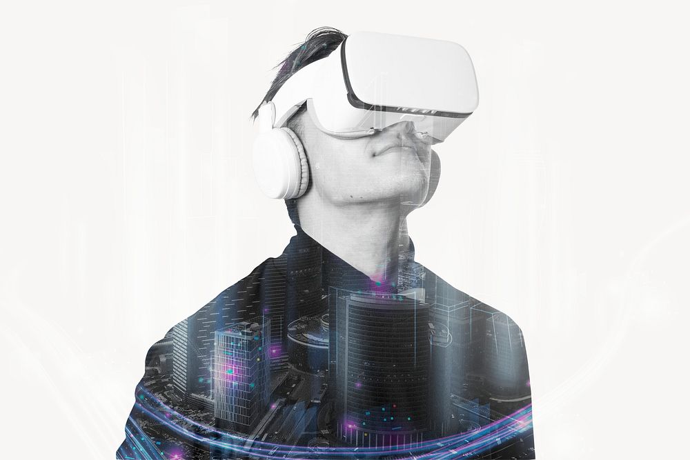 Virtual reality background, technology remixed media design psd