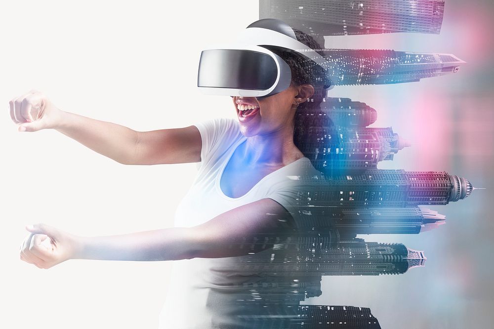 VR headset background, technology remixed media design psd