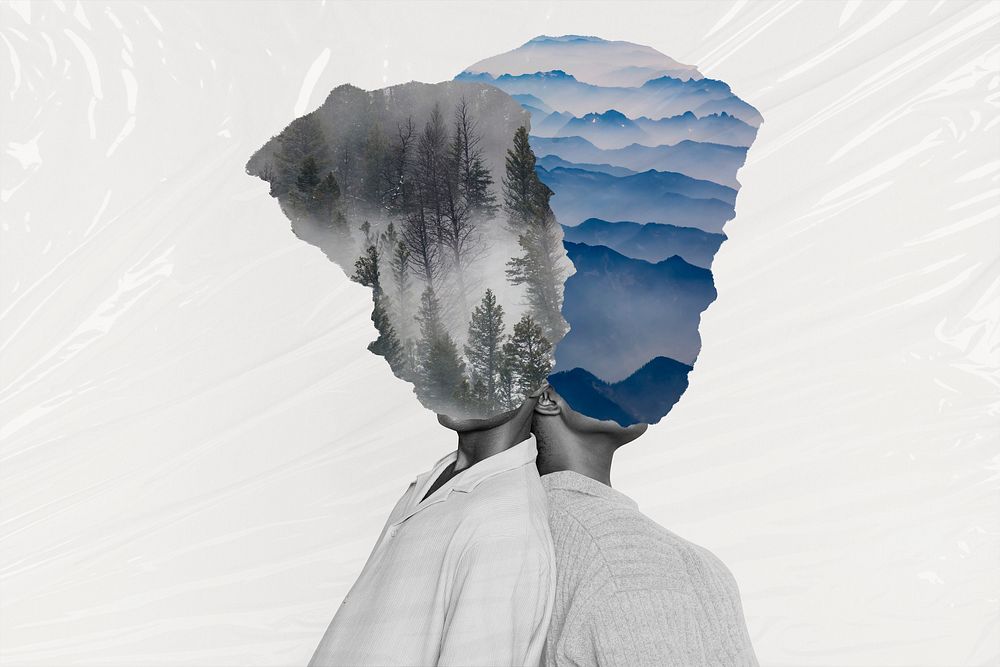 Nature, people head background, remixed media design