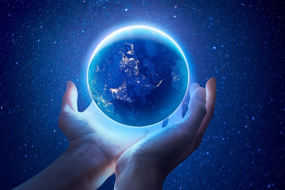 Glowing globe background, hand holding, remixed media design psd