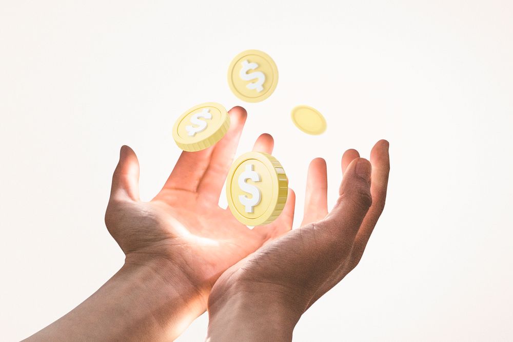 Dollar coins background, 3D illustration, hand holding, remixed media design