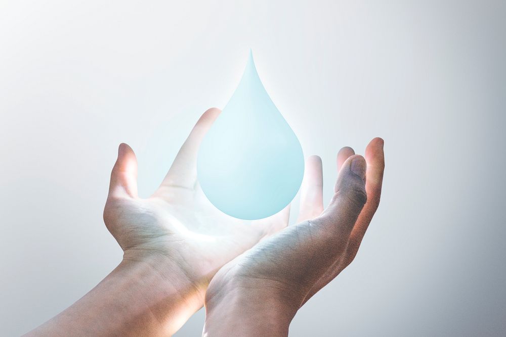 Water drop background, 3D illustration, hand holding, remixed media design