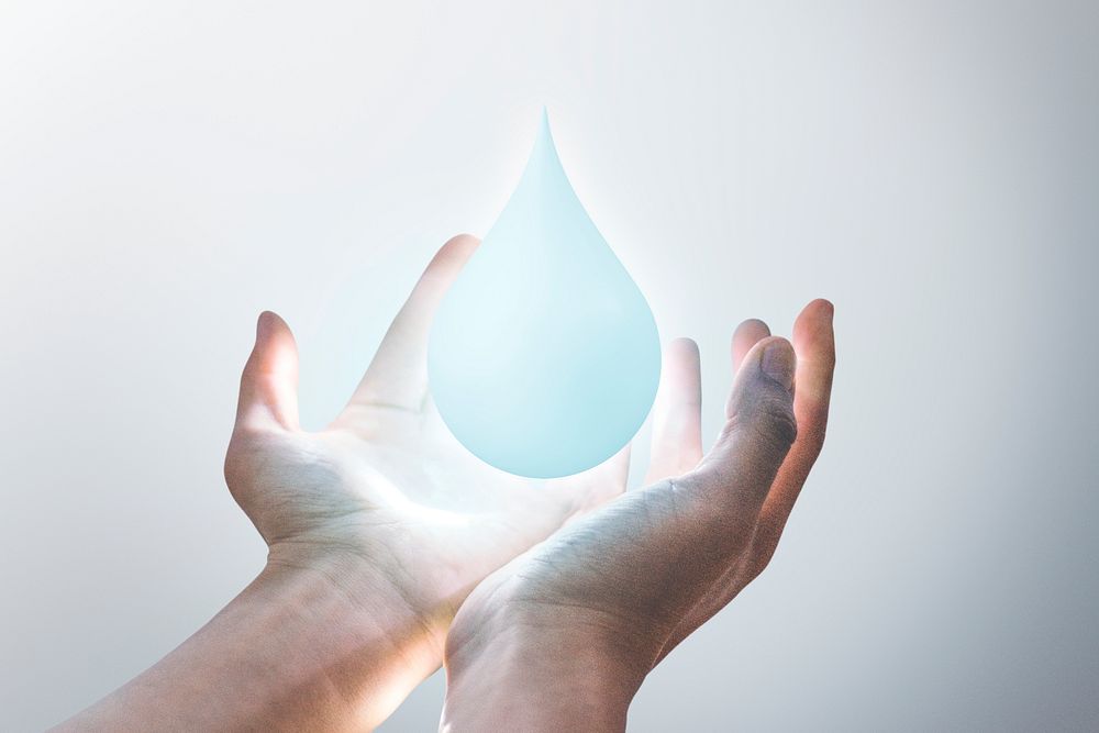 Water drop background, 3D illustration, hand holding, remixed media design psd