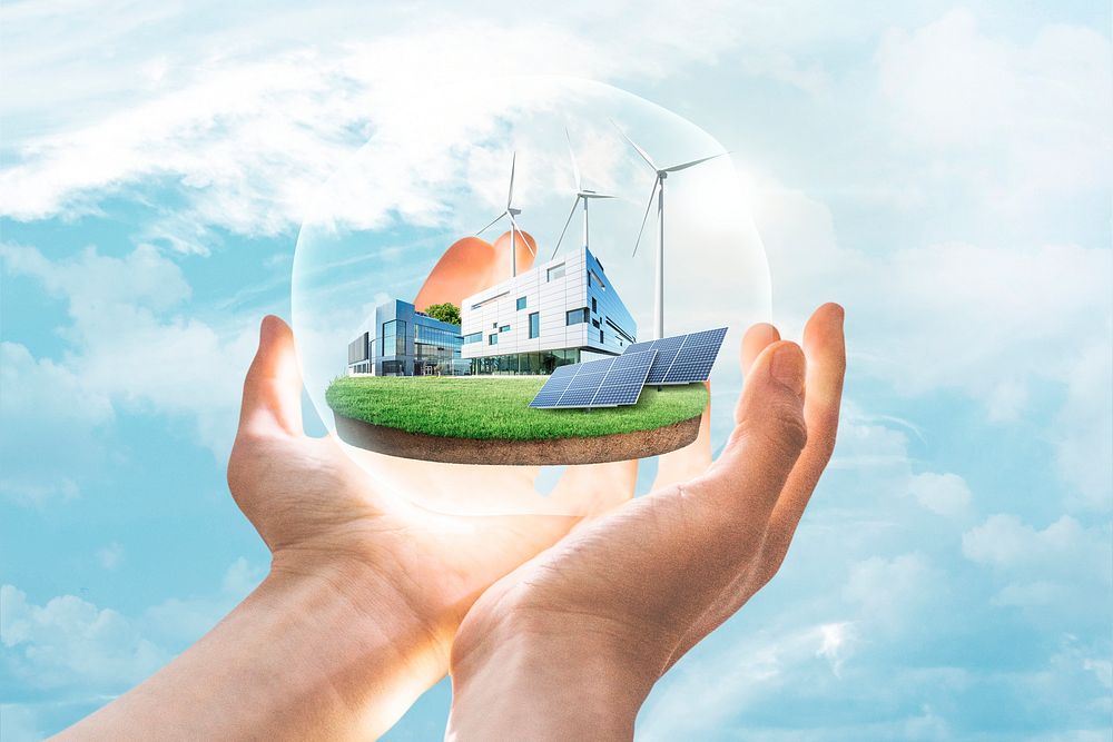 Alternative energy background, hand holding, remixed media design psd