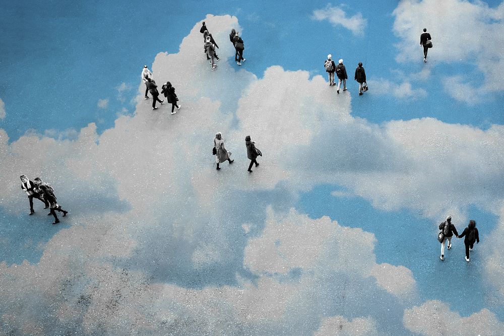 Sky background, small people walking, remixed media design psd