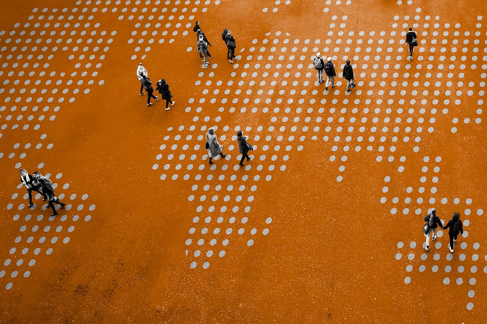 Orange background, small people walking, remixed media design psd