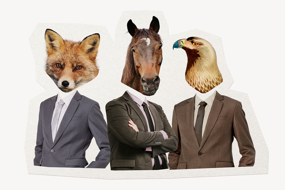 Businessmen animal head, surreal remixed media