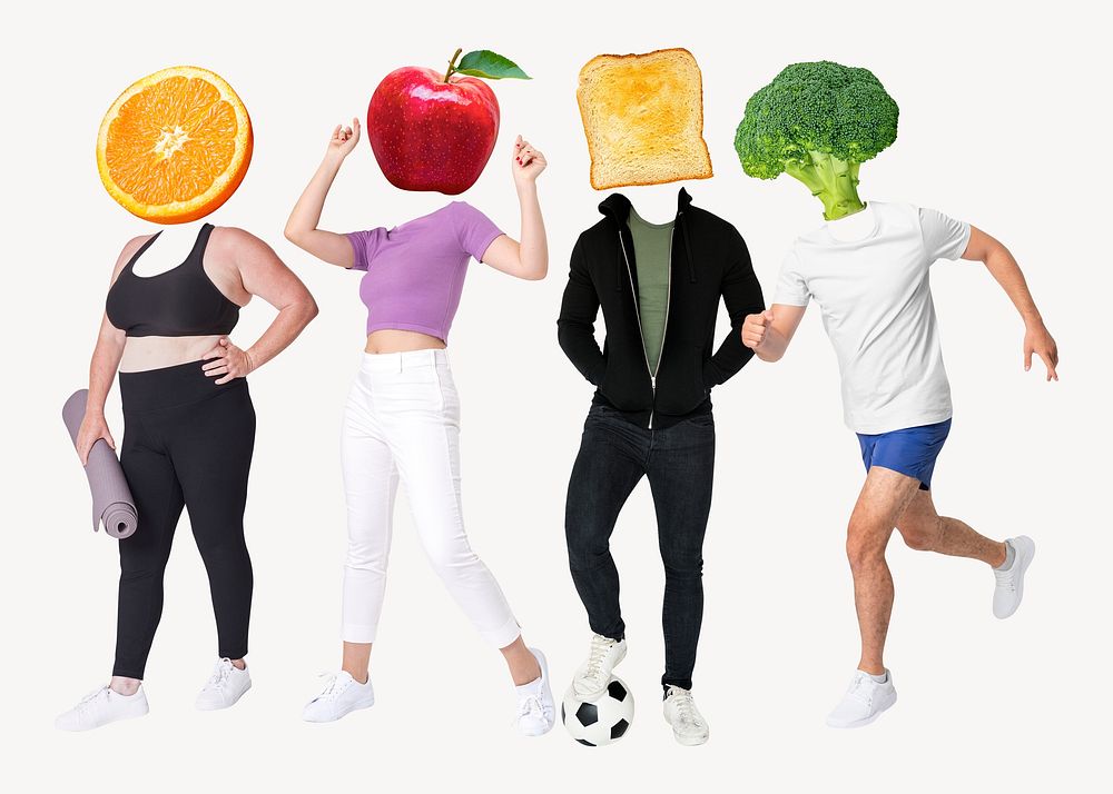 Fruit head people, health, wellness remixed media psd